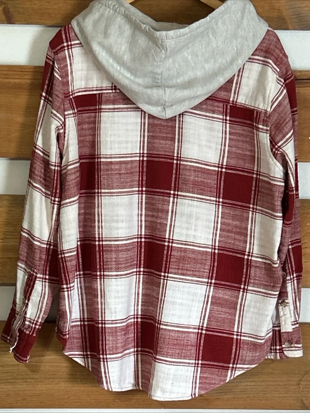Time & Tru Long Sleeve Cream & Burnt Red Plaid Hooded Shacket Women's 2XL (20) - Picture 2 of 9